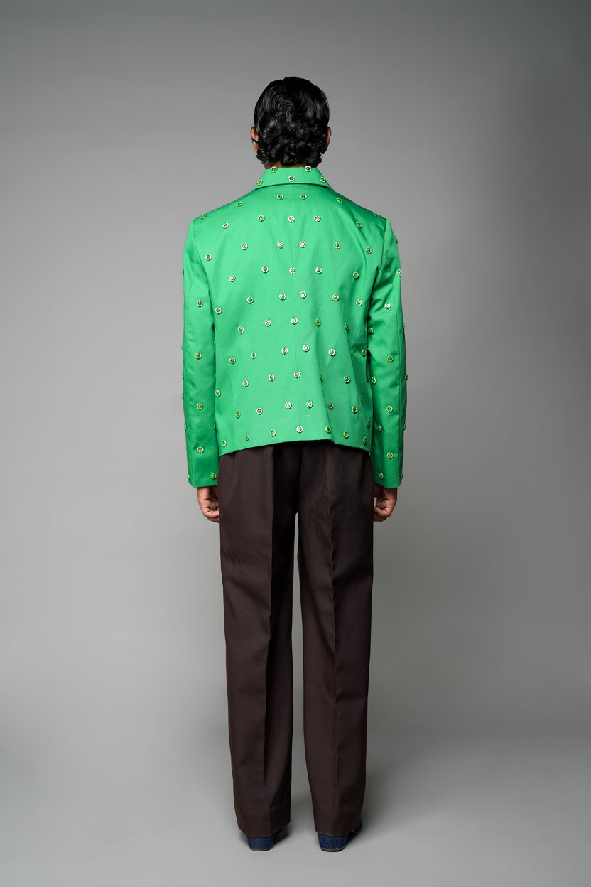 ROSANI The Pavillion jacket in shamrock green - fully embellished jacket with metallic detail, back view