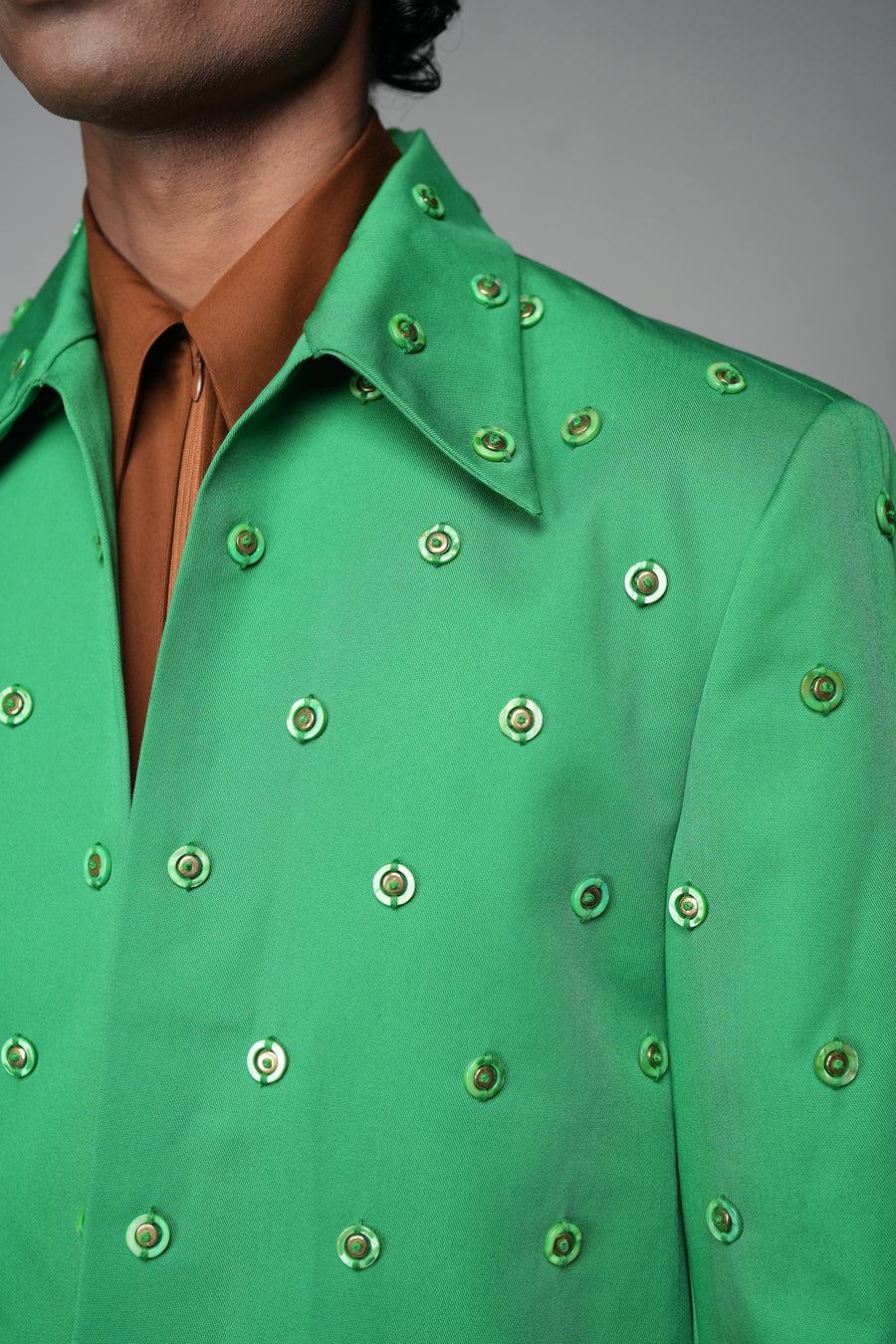 ROSANI The Pavillion jacket in shamrock green - metallic embellishment detail, close-up