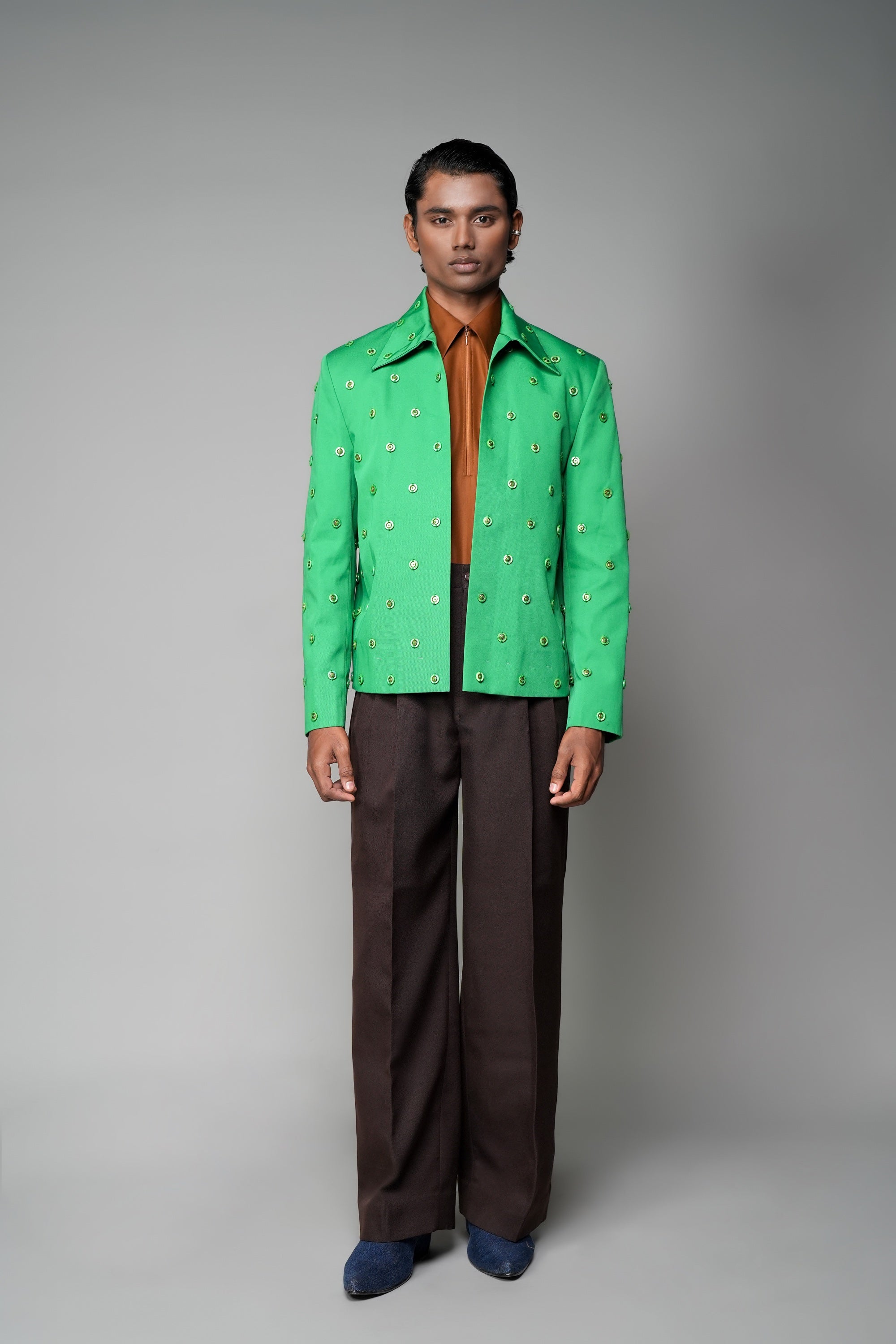 ROSANI The Pavillion jacket in shamrock green - fully embellished jacket with metallic detail, front view