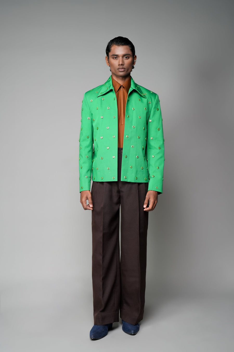 ROSANI The Pavillion jacket in shamrock green - fully embellished jacket with metallic detail, front view