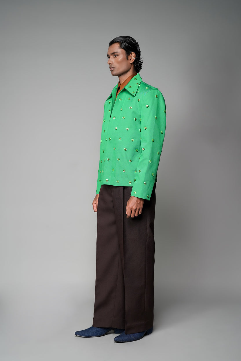 ROSANI The Pavillion jacket in shamrock green - fully embellished jacket with metallic detail, side view