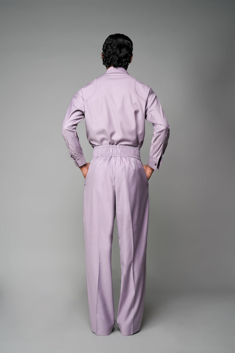 ROSANI The Pulse trouser in wisteria - high-waisted tailored trousers with front pleats and wide-leg fit, back view with elastic waistband
