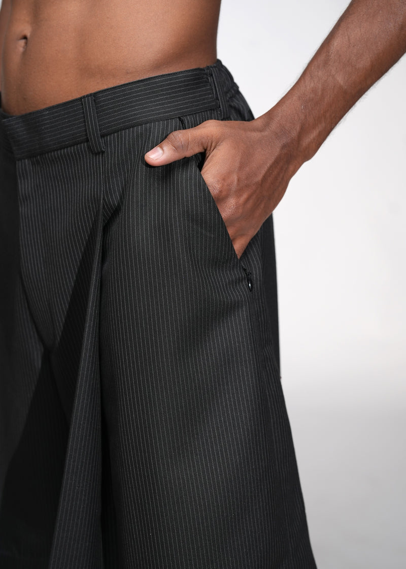 ROSANI The Refuge shorts in pinstripe black - tailored wide-leg shorts with front pleats, detail view