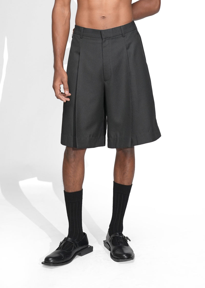 ROSANI The Refuge shorts in pinstripe black - tailored wide-leg shorts with front pleats, front view