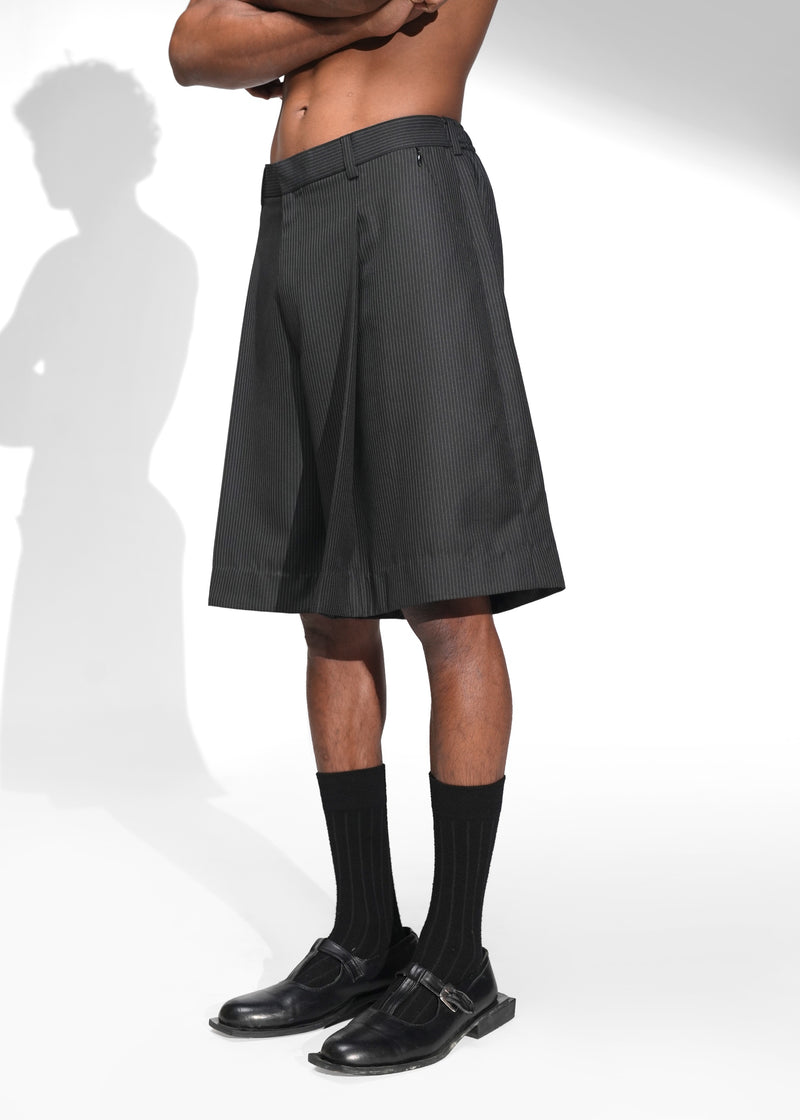 ROSANI The Refuge shorts in pinstripe black - tailored wide-leg shorts with front pleats, front side view