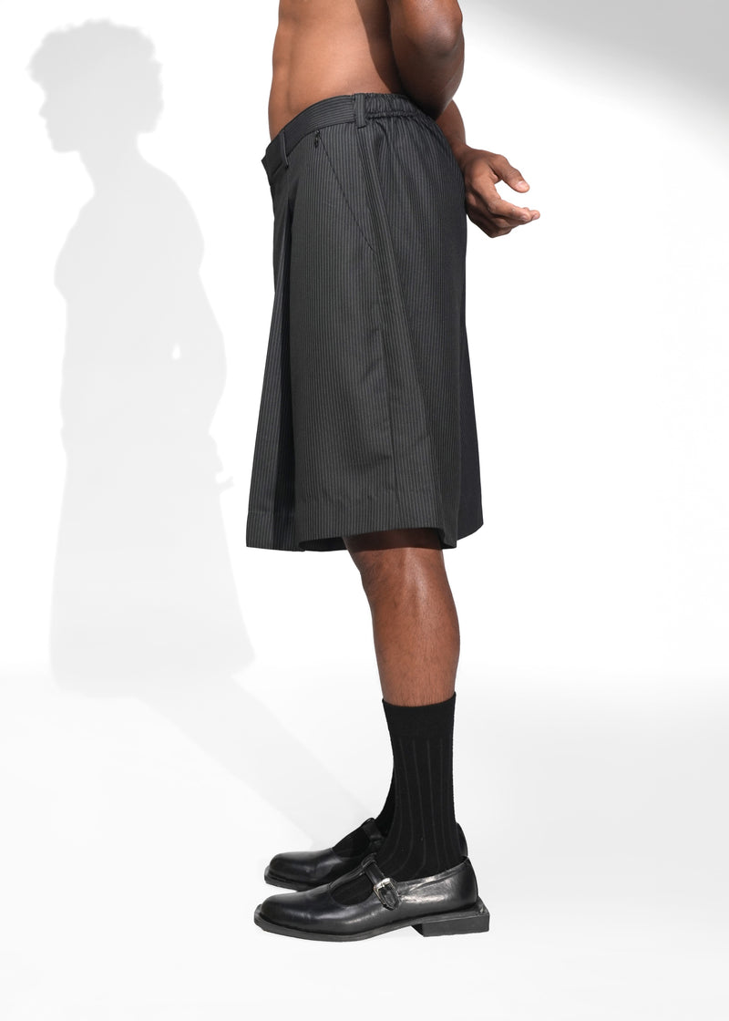 ROSANI The Refuge shorts in pinstripe black - tailored wide-leg shorts with front pleats, side view