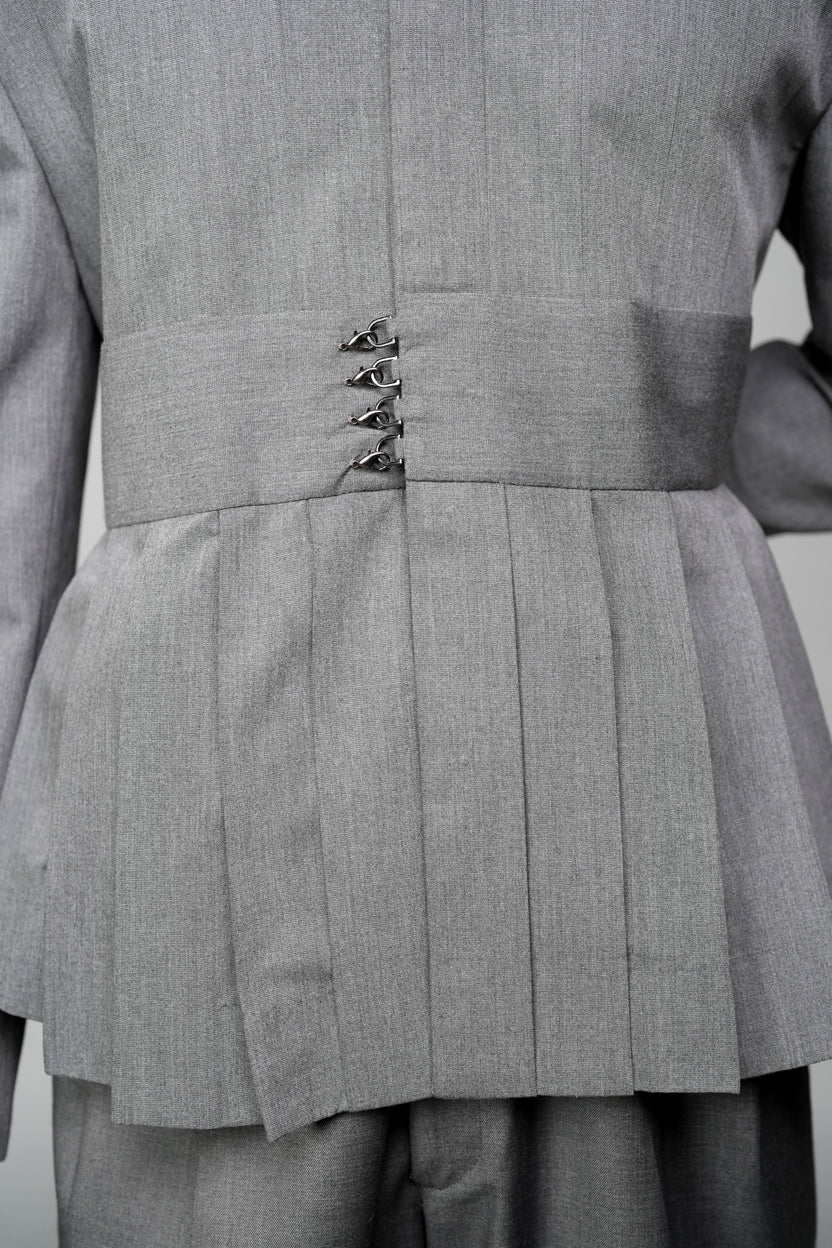 ROSANI The Sanctum jacket in grey - pleated shoulder and clasps closure detail, close-up