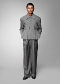 ROSANI The Sanctum jacket in grey - pleated padded blazer with front clasps closure, front view styled with matching trouser