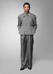 ROSANI The Sanctum jacket in grey - pleated padded blazer with front clasps closure, front view styled with matching trouser