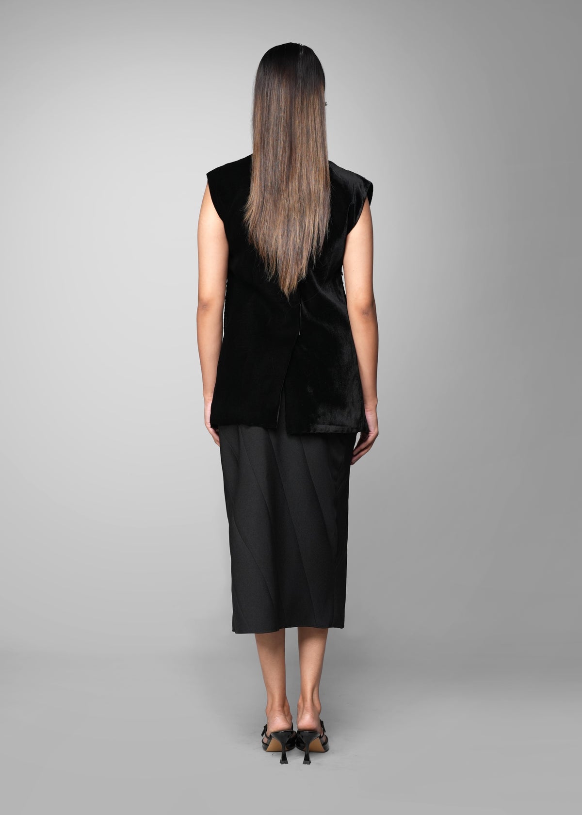 ROSANI The Santuario top in black - sleeveless embellished longline top with vertical metal embroidery stripes, back view