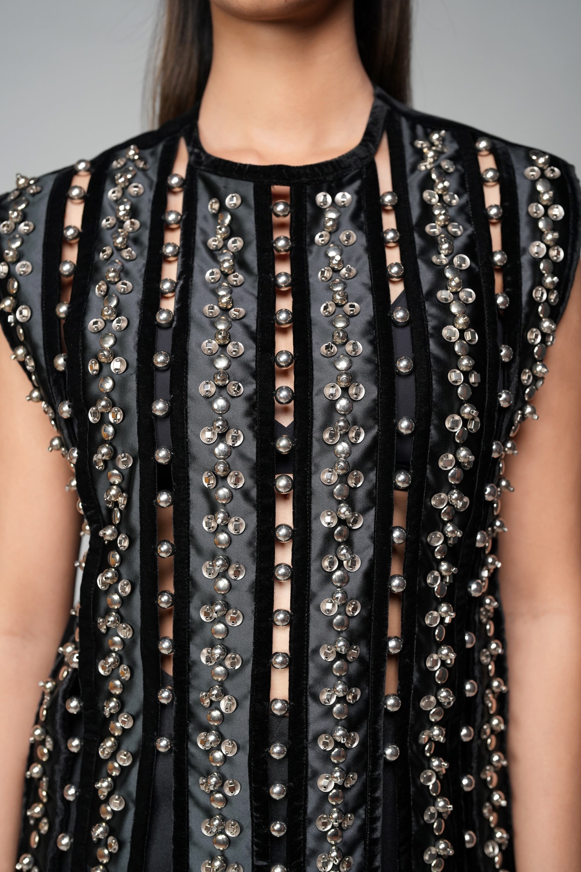 ROSANI The Santuario top in black - sleeveless embellished longline top with vertical metal embroidery stripes, detail view