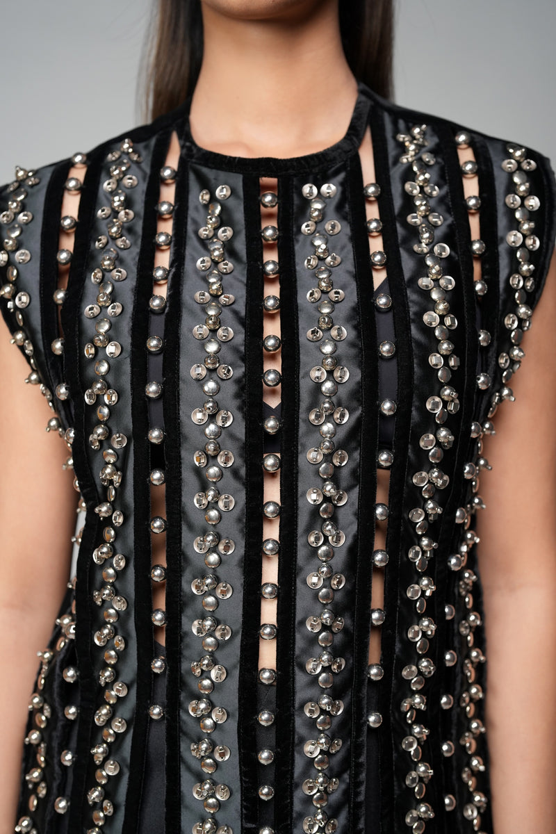 ROSANI The Santuario top in black - sleeveless embellished longline top with vertical metal embroidery stripes, detail view