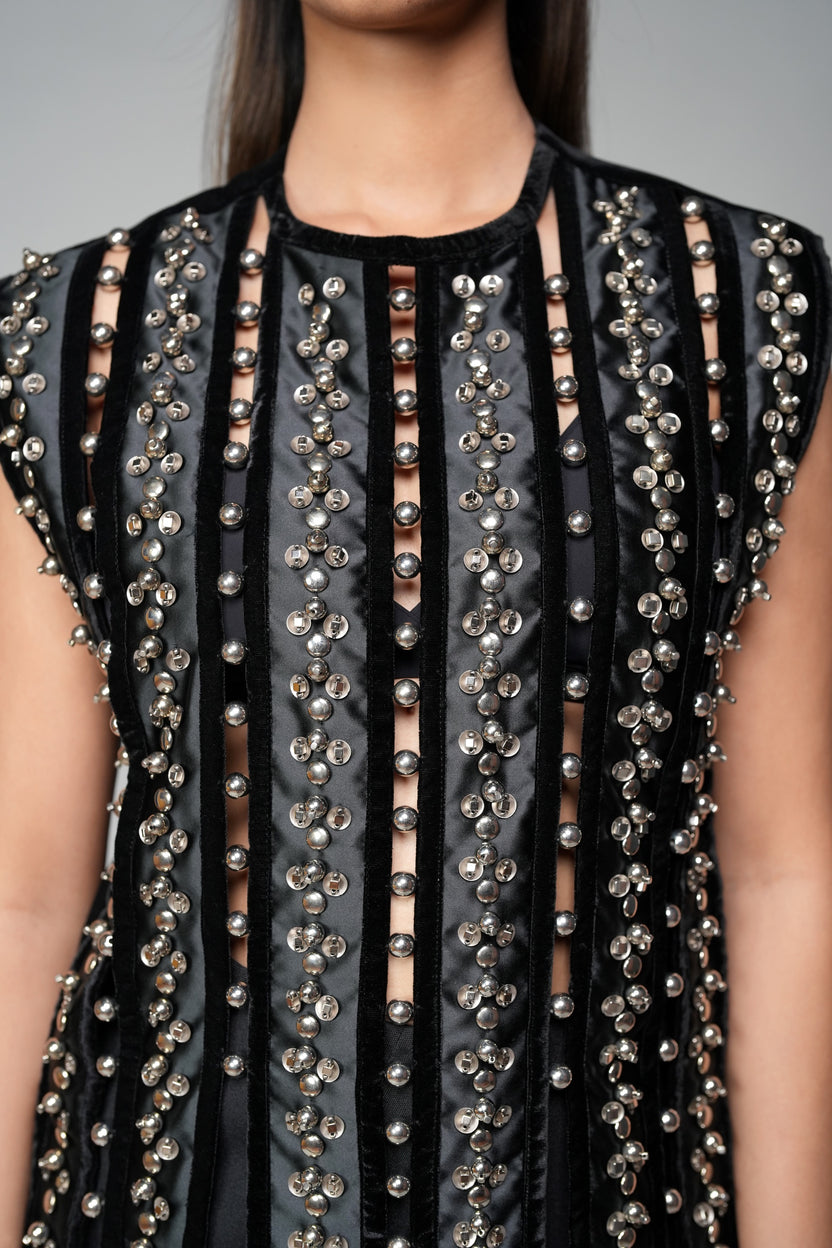 ROSANI The Santuario top in black - sleeveless embellished longline top with vertical metal embroidery stripes, detail view