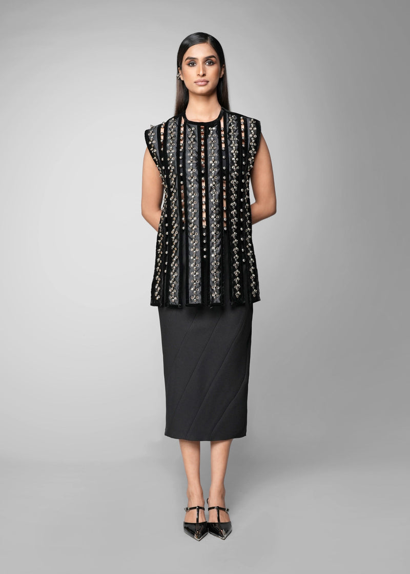 ROSANI The Santuario top in black - sleeveless embellished longline top with vertical metal embroidery stripes, front view