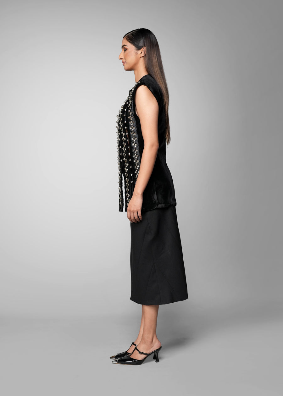 ROSANI The Santuario top in black - sleeveless embellished longline top with vertical metal embroidery stripes, side view