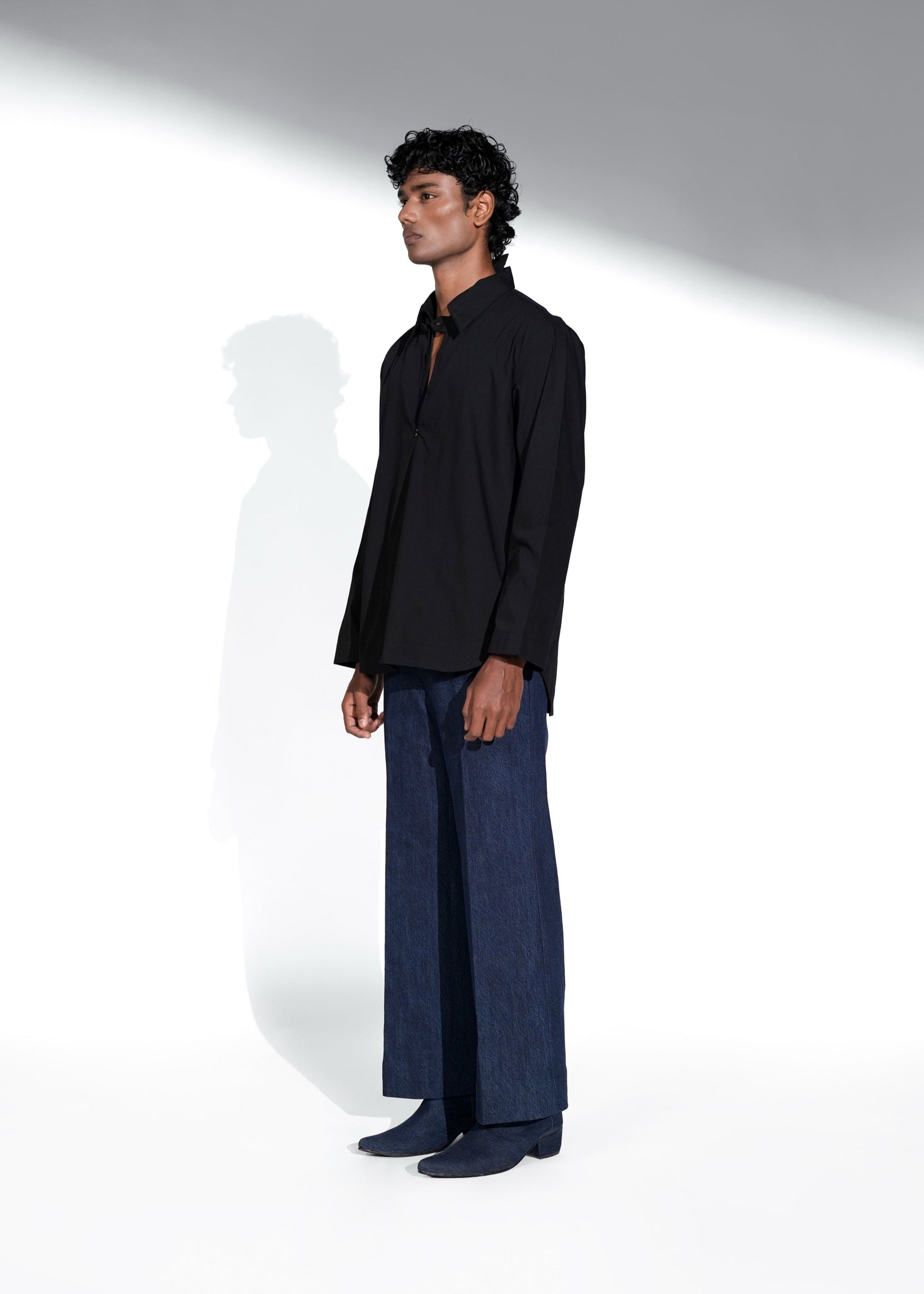 ROSANI The Serenity shirt in black - relaxed zip-up shirt with sharp collar and clean front placket, front side view