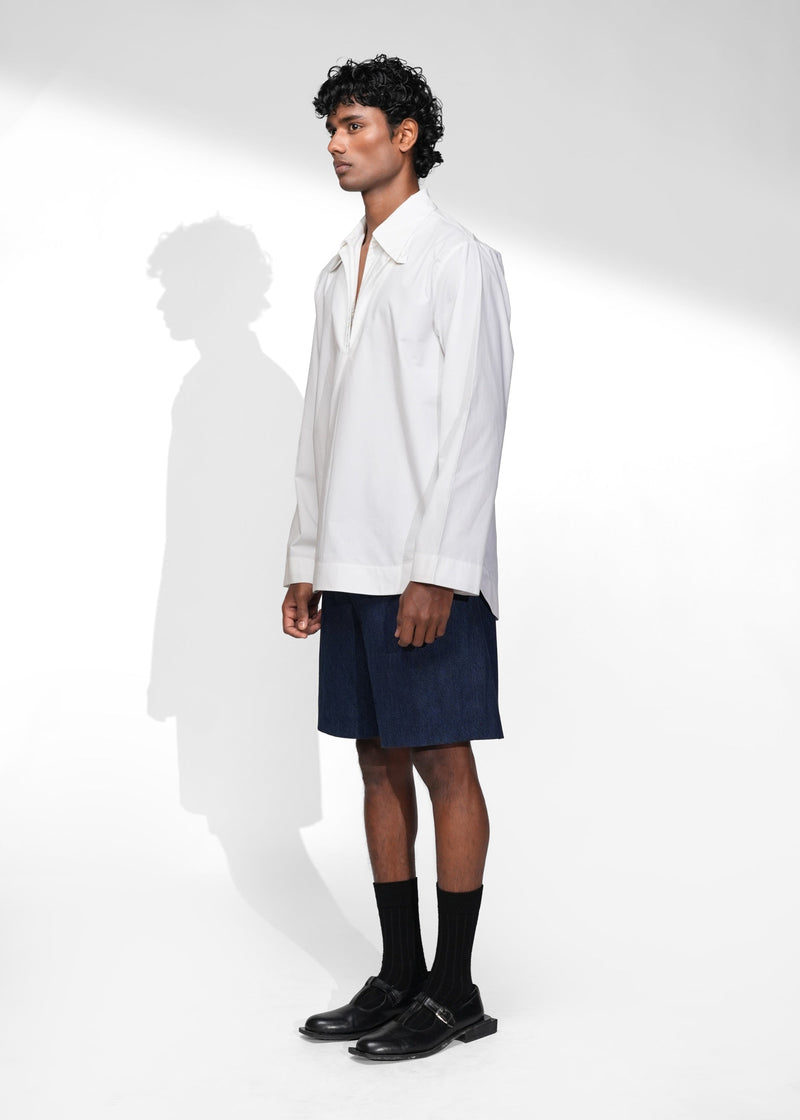 ROSANI The Serenity shirt in white - relaxed zip-up shirt with sharp collar and clean front placket, front side view