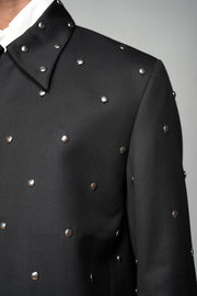ROSANI The Solum jacket in black - circular metallic embellishment detail, close-up