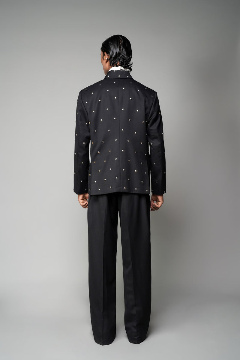 ROSANI The Solumn jacket in black - structured longline jacket with scattered metal stud detailing, back view