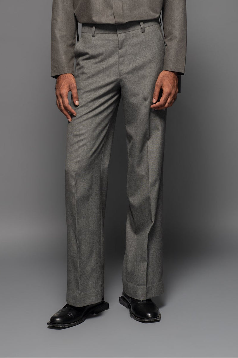 ROSANI The Spina trouser in graphite - straight-fit tailored trousers with pressed creases, front view, styled with a matching grey top and black shoes
