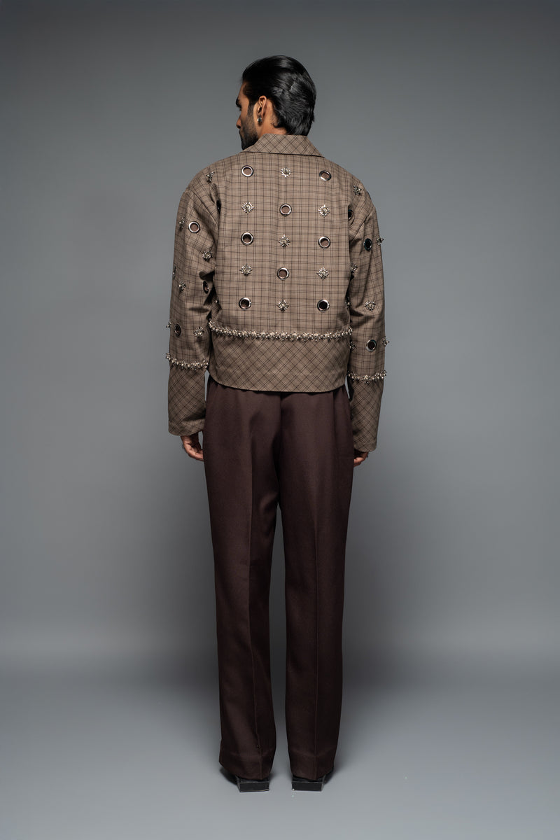 ROSANI The Taratara trouser in chocolate brown - relaxed wide-leg trousers with elastic back waistband, back view, styled with a checked jacket