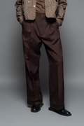 ROSANI The Taratara trouser in chocolate brown - relaxed wide-leg trousers with elastic back waistband, front view, styled with a checked jacket