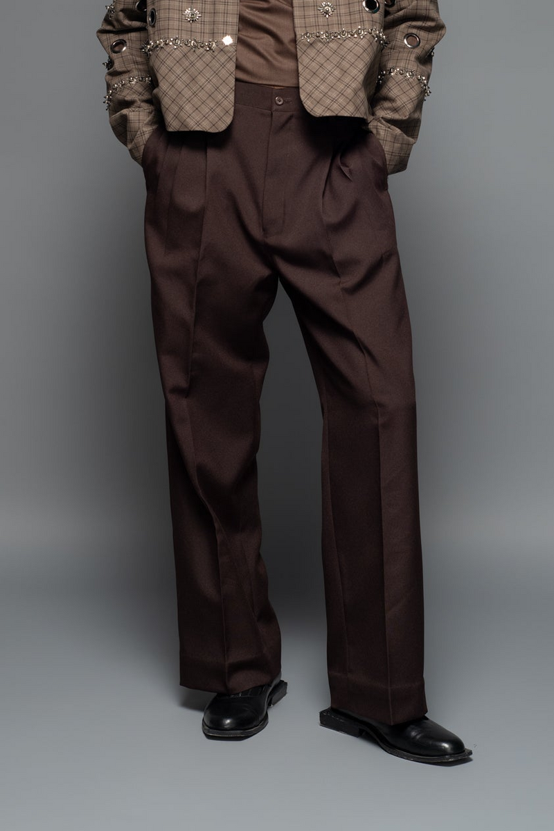 ROSANI The Taratara trouser in chocolate brown - relaxed wide-leg trousers with elastic back waistband, front view, styled with a checked jacket