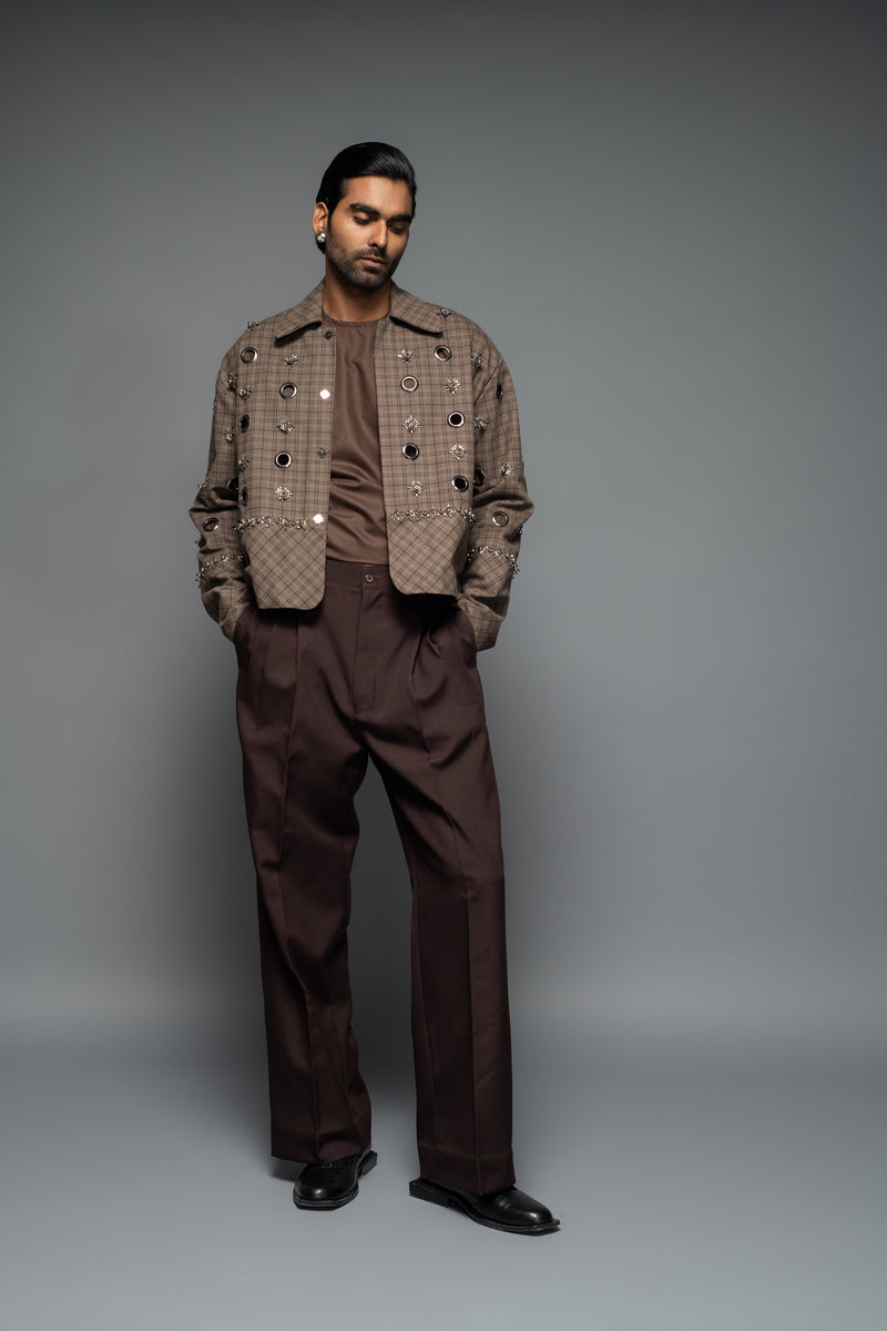 ROSANI The Taratara trouser in chocolate brown - relaxed wide-leg trousers with elastic back waistband, full front view, styled with a checked jacket