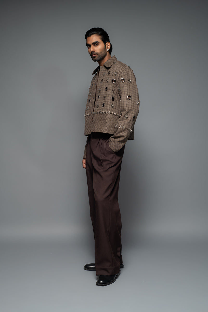 ROSANI The Taratara trouser in chocolate brown - relaxed wide-leg trousers with elastic back waistband, side view, styled with a checked jacket
