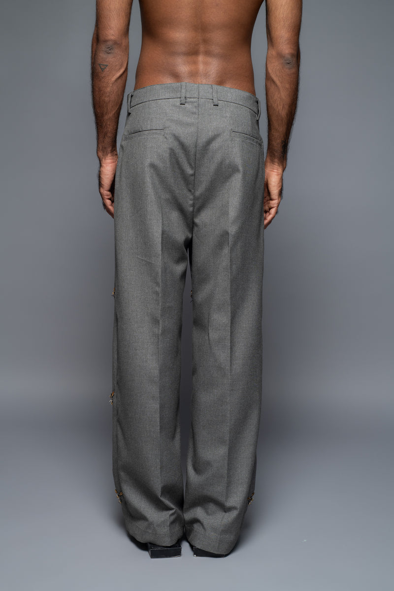 ROSANI The Thornton trouser in graphite - straight-leg tailored trousers with all-over metallic embellishment, back view, styled with a grey blazer and black shoes