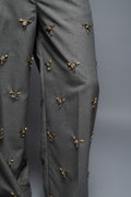 ROSANI The Thornton trouser in graphite - straight-leg tailored trousers with all-over metallic embellishment, detail view, styled with a grey blazer and black shoes