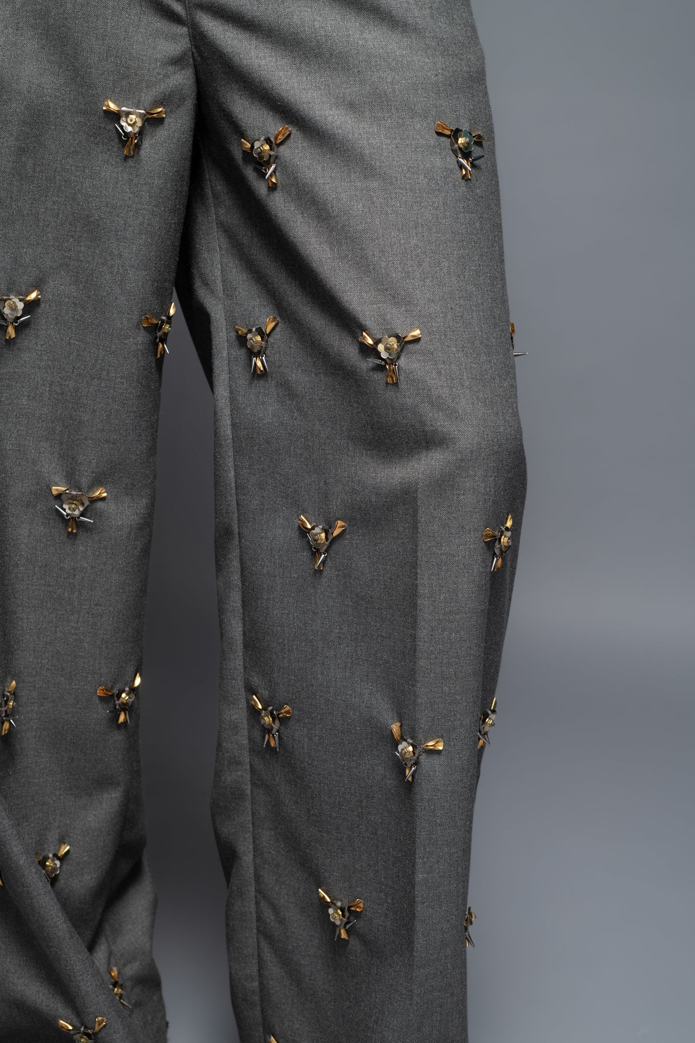 ROSANI The Thornton trouser in graphite - straight-leg tailored trousers with all-over metallic embellishment, detail view, styled with a grey blazer and black shoes