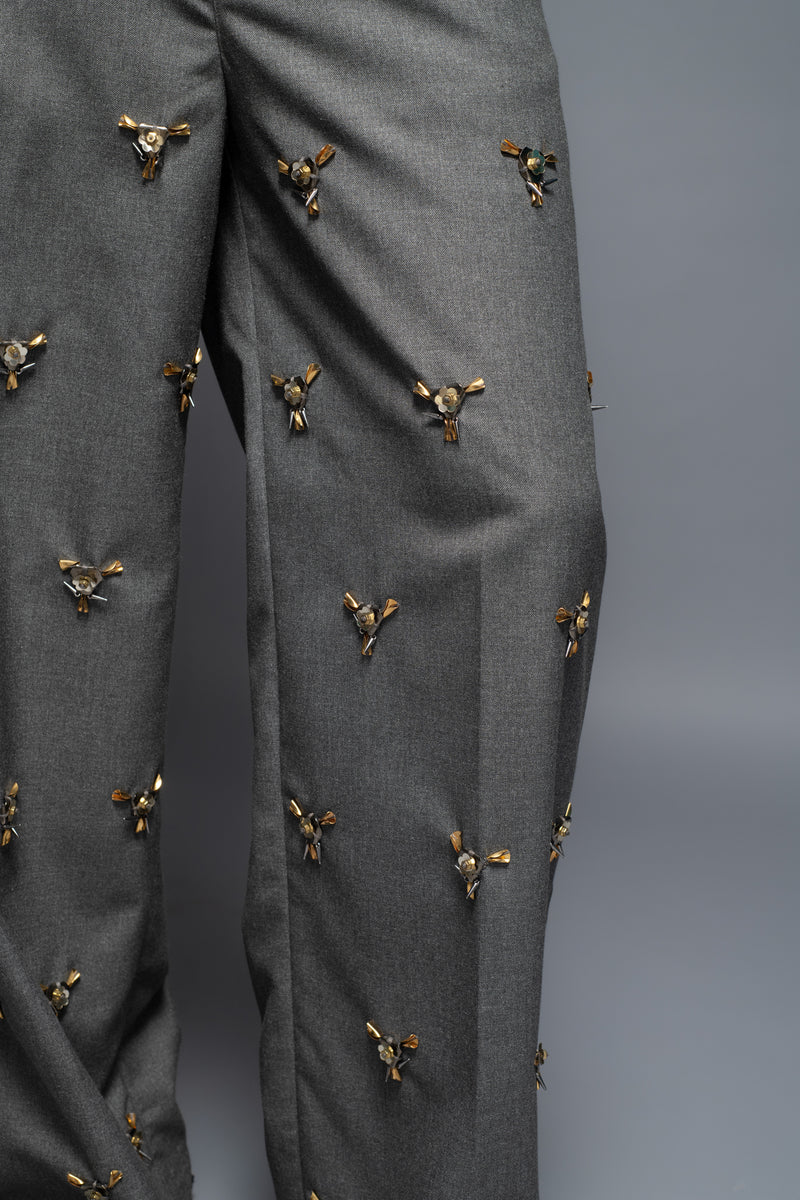 ROSANI The Thornton trouser in graphite - straight-leg tailored trousers with all-over metallic embellishment, detail view, styled with a grey blazer and black shoes