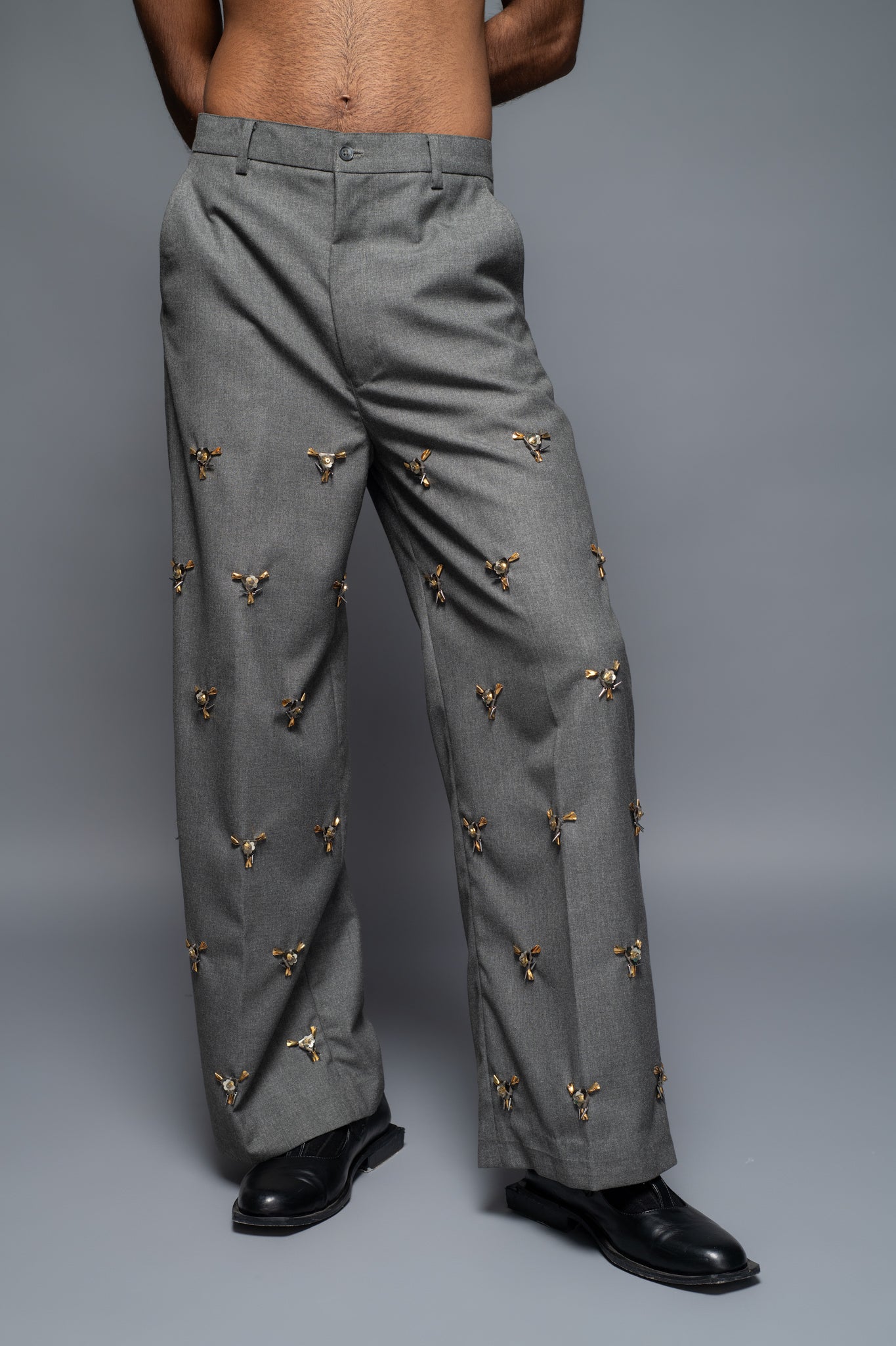 ROSANI The Thornton trouser in graphite - straight-leg tailored trousers with all-over metallic embellishment, front view, styled with a grey blazer and black shoes