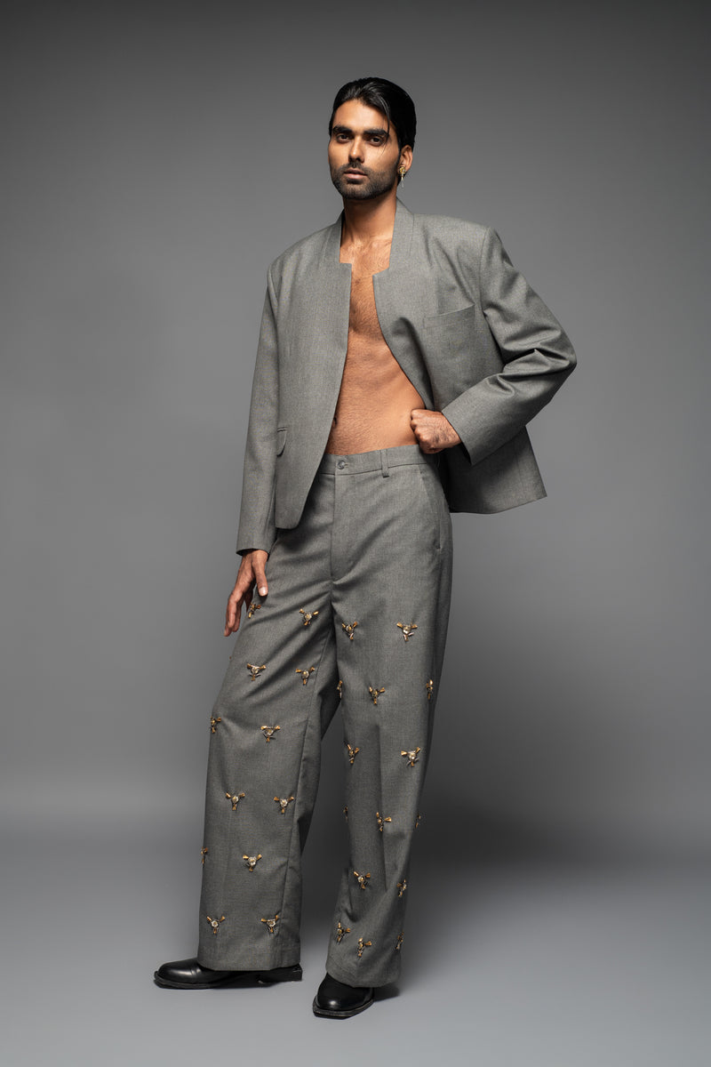 ROSANI The Thornton trouser in graphite - straight-leg tailored trousers with all-over metallic embellishment, full front view, styled with a grey blazer and black shoes