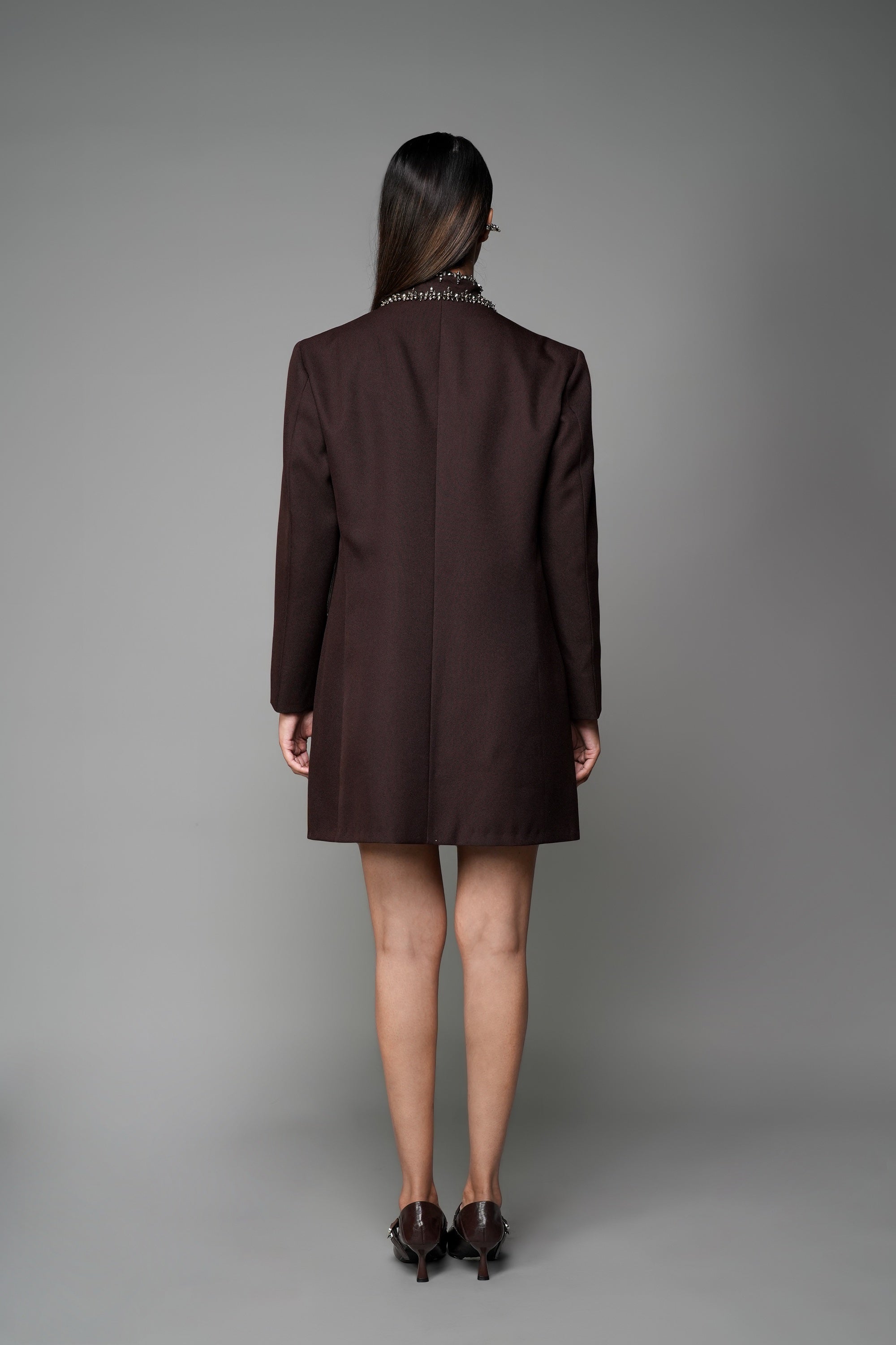 ROSANI The Valley blazer in mocha - longline collarless blazer with metallic embellished collar detail, back view