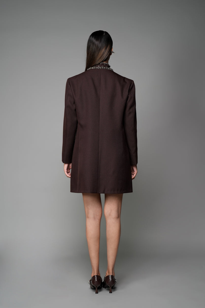 ROSANI The Valley blazer in mocha - longline collarless blazer with metallic embellished collar detail, back view