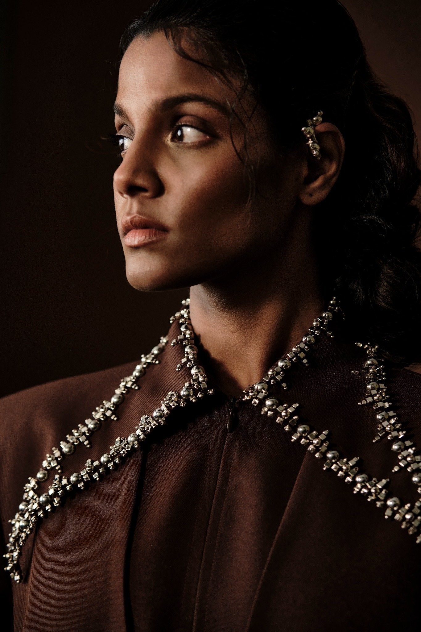 ROSANI The Valley blazer in chocolate brown - editorial close-up showing metal embellished collar detailing of The Rift dress