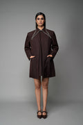 ROSANI The Valley blazer in mocha - longline collarless blazer with metallic embellished collar detail, front view