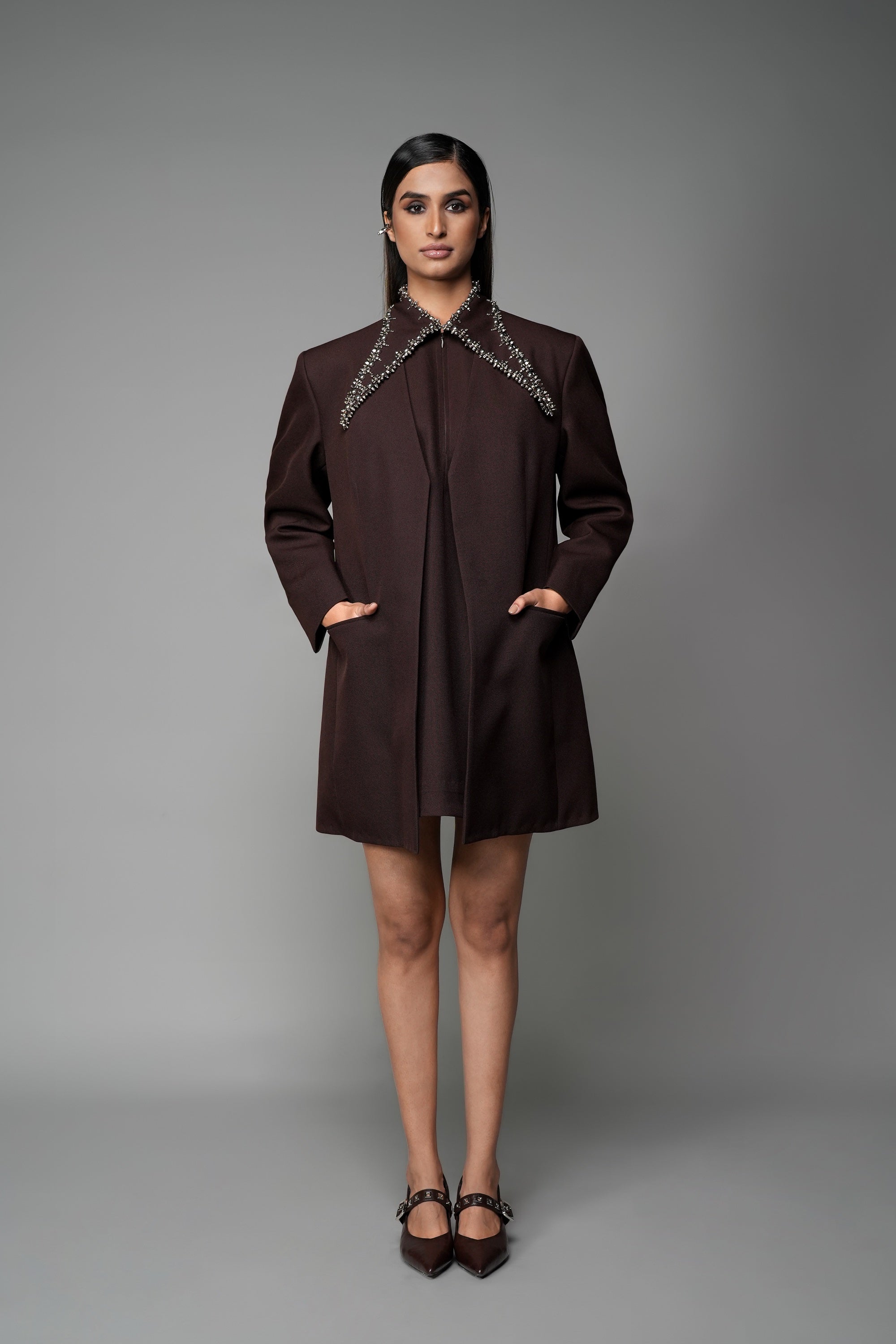 ROSANI The Valley blazer in mocha - longline collarless blazer with metallic embellished collar detail, front view