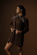 ROSANI The Valley blazer in mocha - longline collarless blazer with metallic embellished collar detail, editorial front view