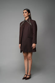 ROSANI The Valley blazer in mocha - longline collarless blazer with metallic embellished collar detail, front side view