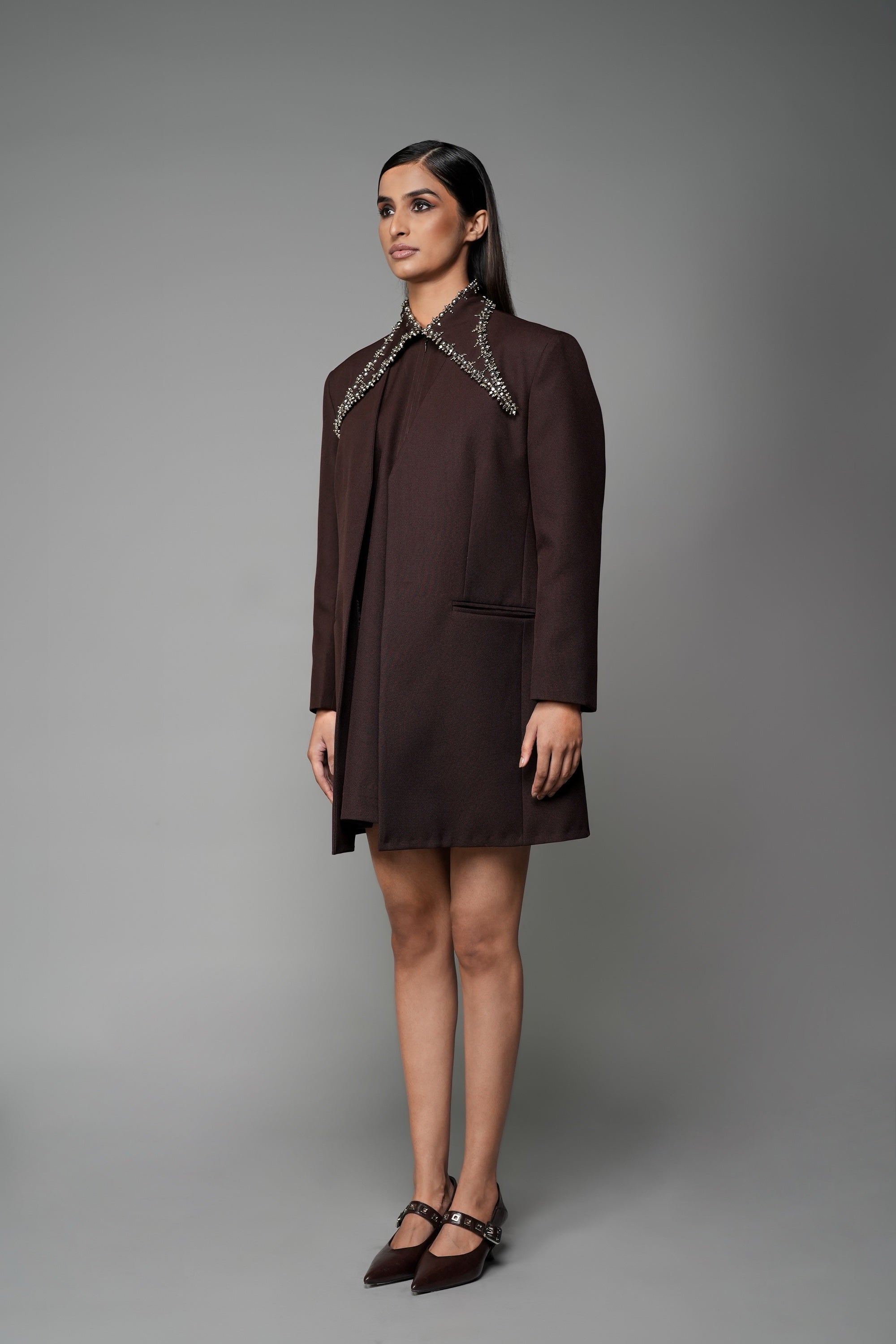 ROSANI The Valley blazer in mocha - longline collarless blazer with metallic embellished collar detail, front side view