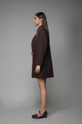 ROSANI The Valley blazer in mocha - longline collarless blazer with metallic embellished collar detail, side view