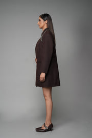 ROSANI The Valley blazer in mocha - longline collarless blazer with metallic embellished collar detail, side view
