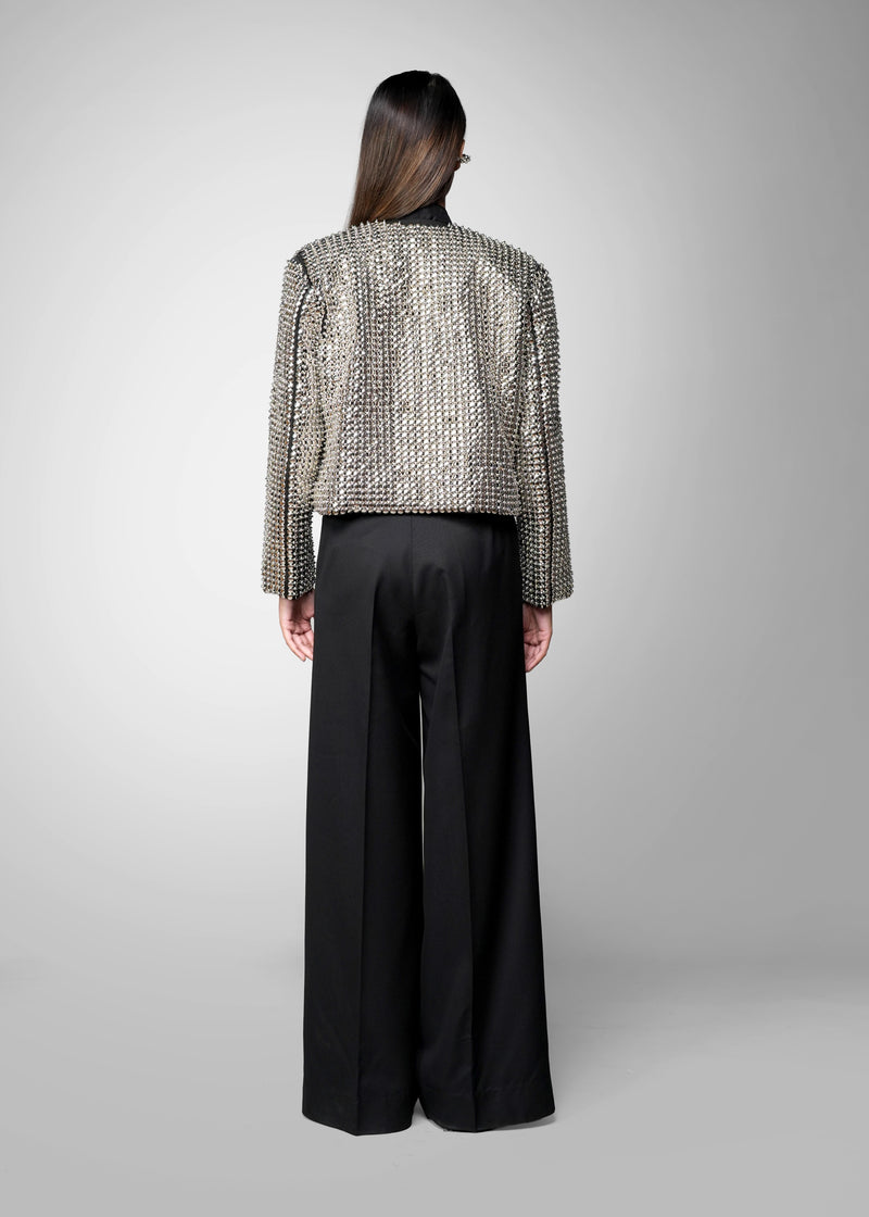 OSANI The Vault jacket - cropped collarless jacket with all-over metallic embellishment, back view
