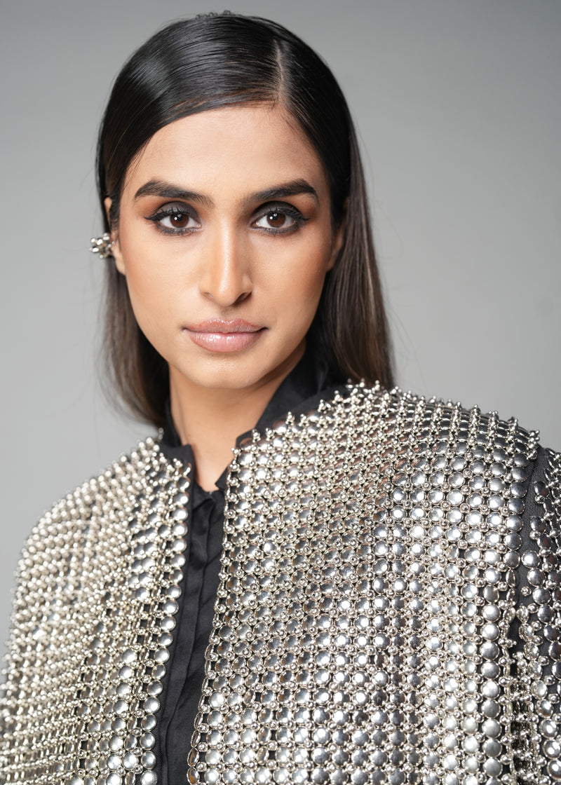 ROSANI The Vault jacket in silver - close-up of metallic embellishment