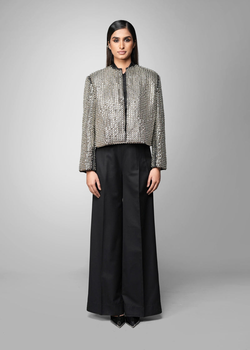 ROSANI The Vault jacket - cropped collarless jacket with all-over metallic embellishment, front view