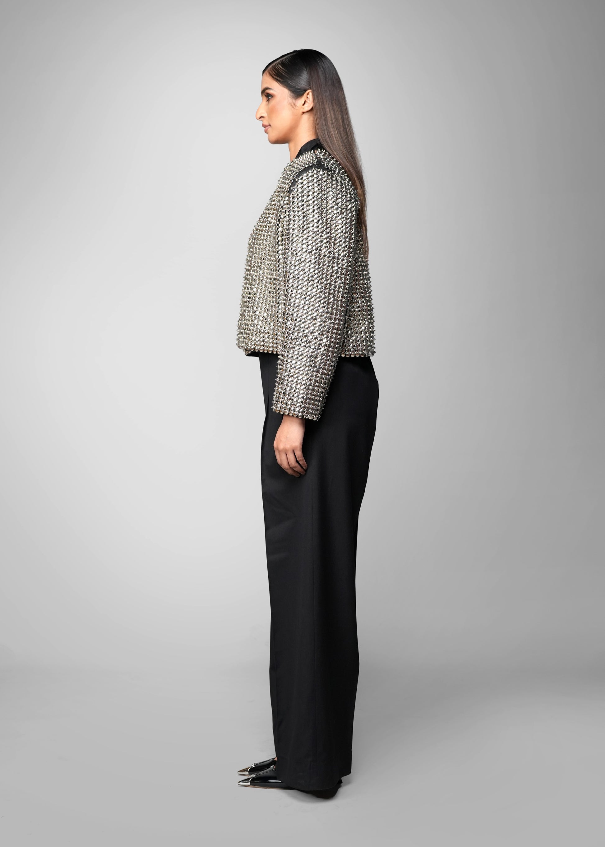 OSANI The Vault jacket - cropped collarless jacket with all-over metallic embellishment, side view