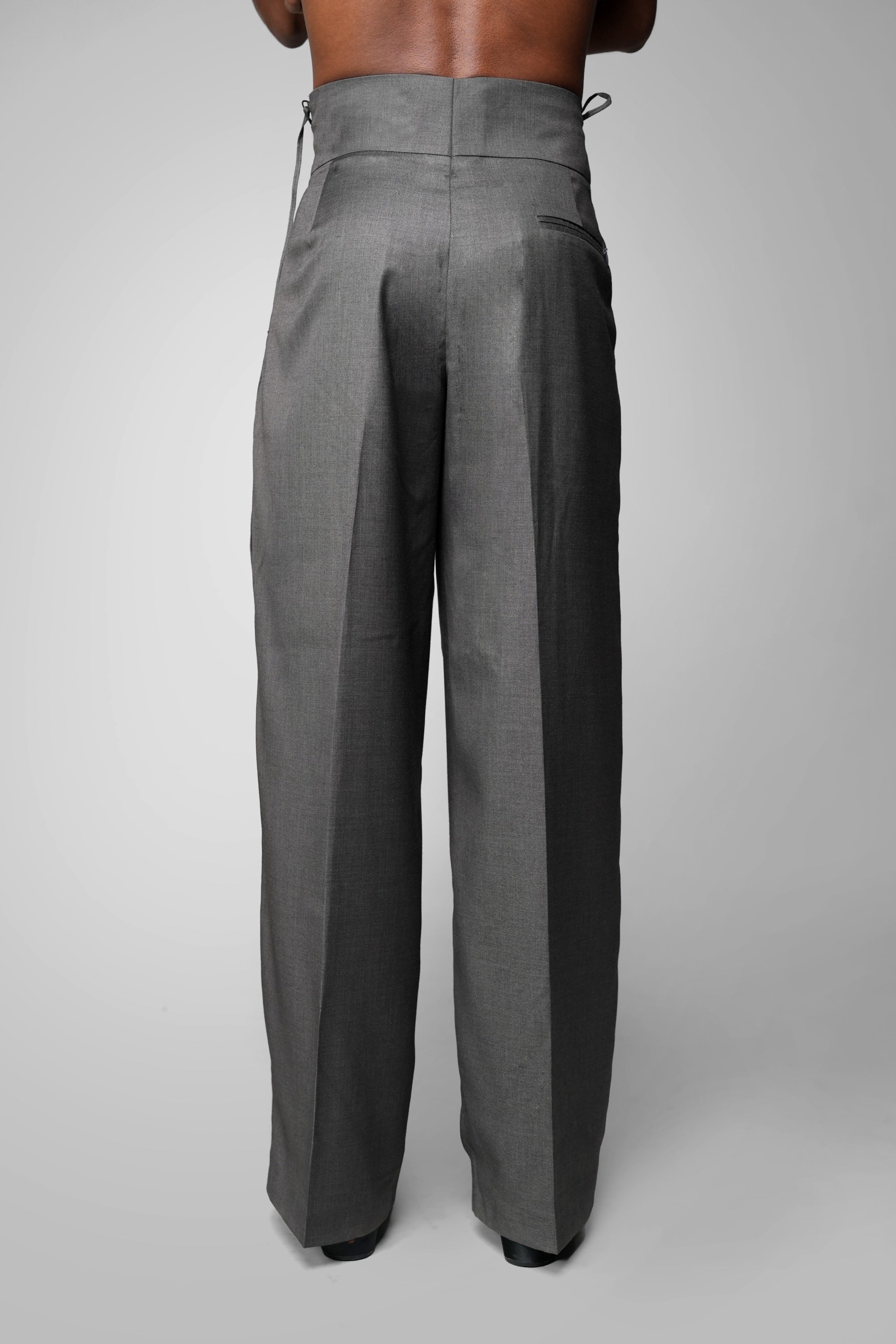 ROSANI The Veil trouser in grey - high waistband trousers with side ties, back view